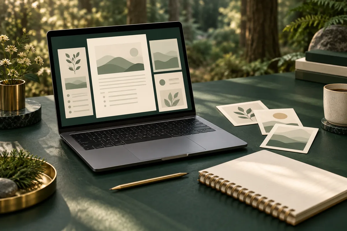 Illustrative production workspace with website layouts, printed materials and a notebook.