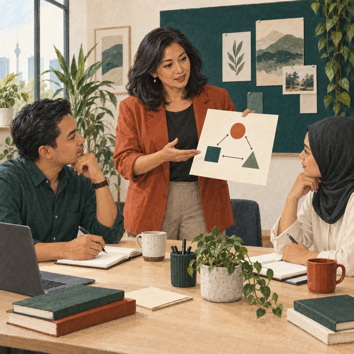 Illustration of a freelance trainer explaining a framework to two professionals.