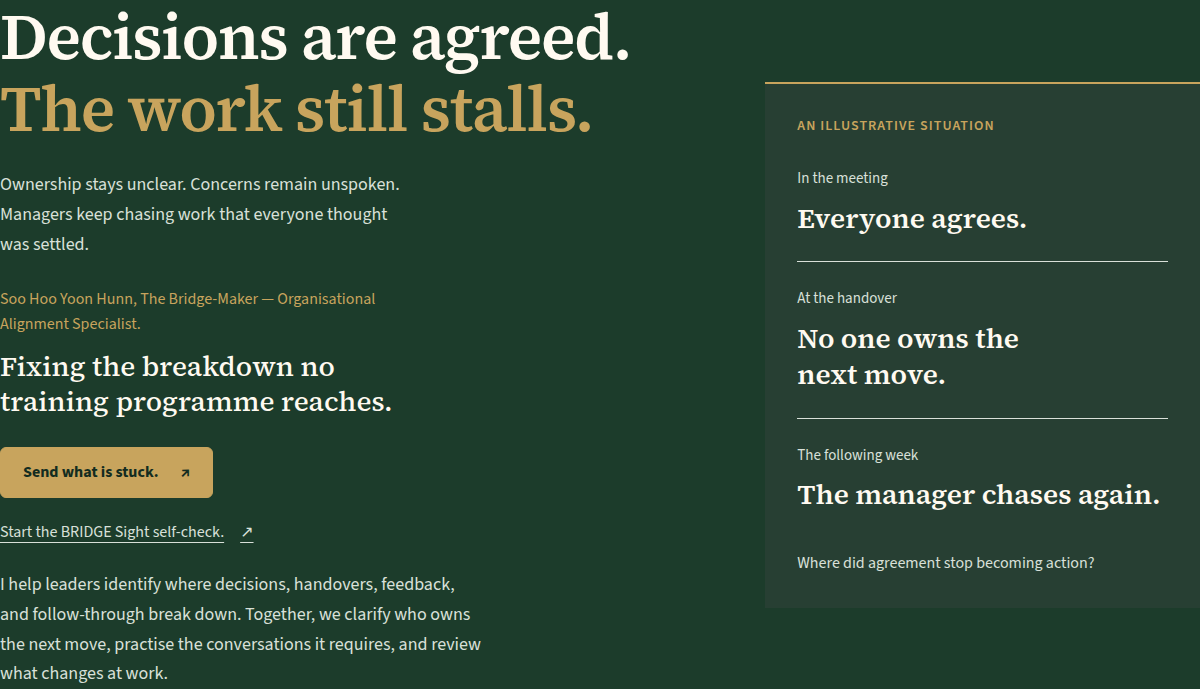 Soo Hoo’s website leads with stalled work, identifies his organisational-alignment practice and offers a direct enquiry action.